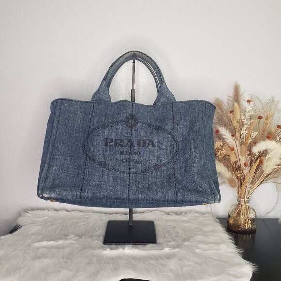 Prada Two-Way Canapa Tote - Blue Denim w/ Original Crossbody Strap & COA - Picture 3 of 17